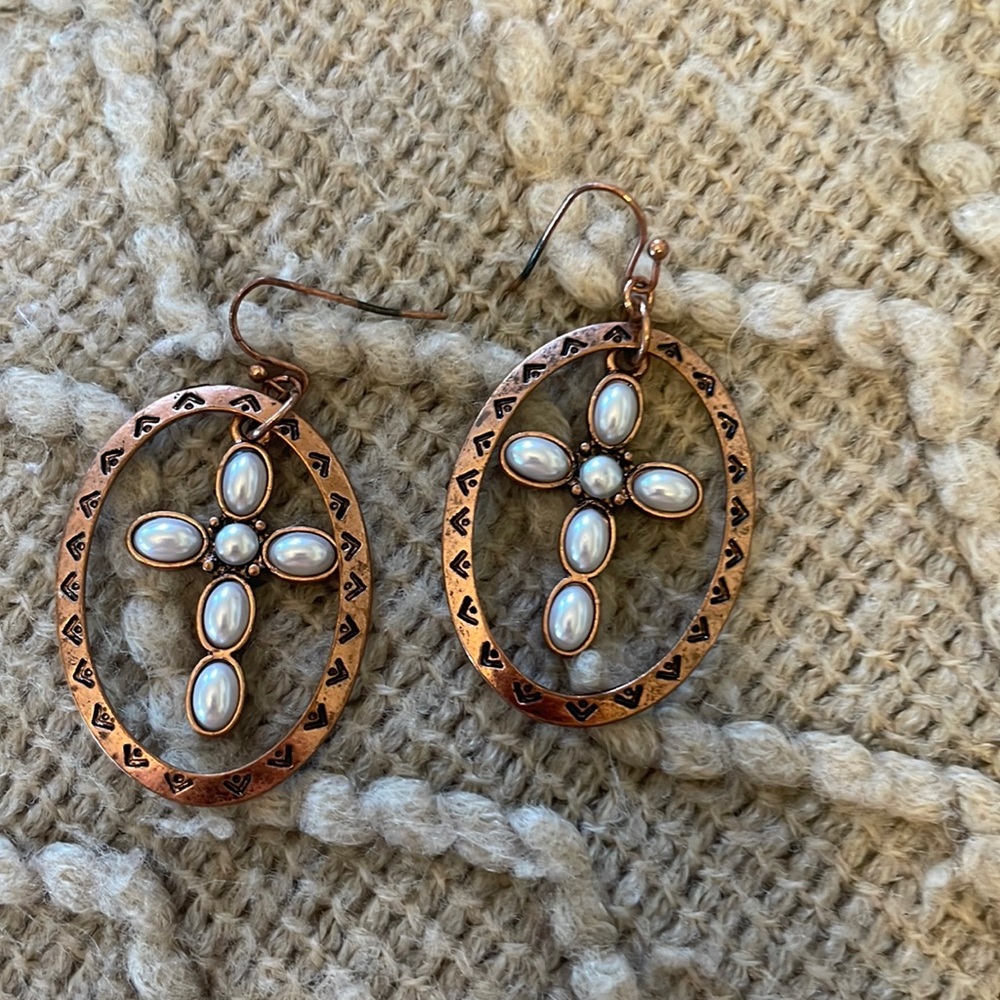 Copper and Pearl Cross Earrings